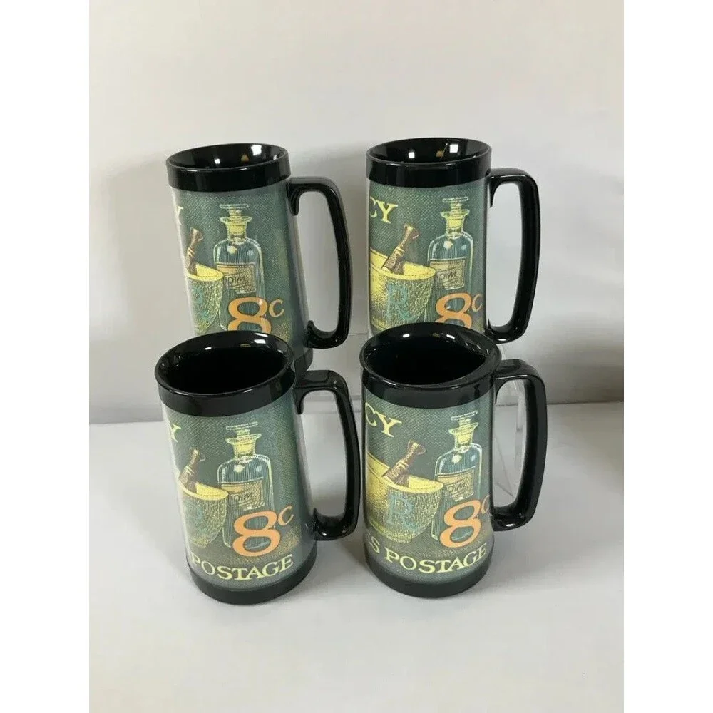 Vintage 70s Thermo Serv 23pc Pharmacy Postage Stamp Drinkware Set Collectible